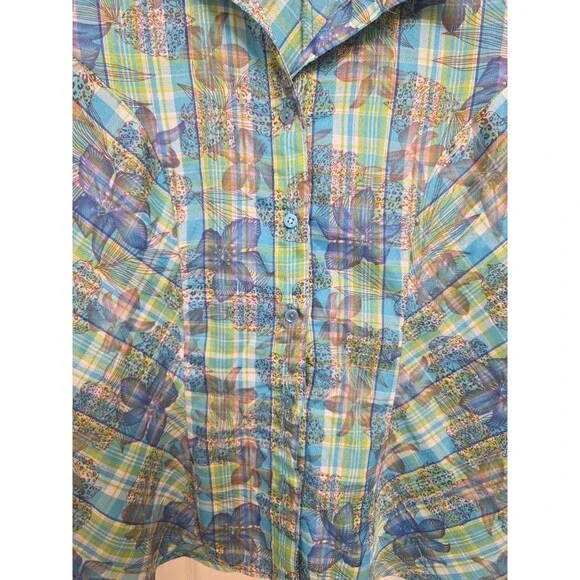 Hollywood Women’s Sheer Button Up Blouse Blue Green Floral Plaid Short Sleeve – - Picture 3 of 12